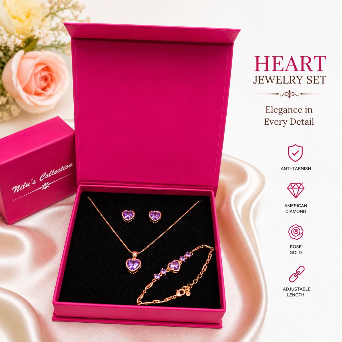 Rose Gold Purple Heart Jewelry Set