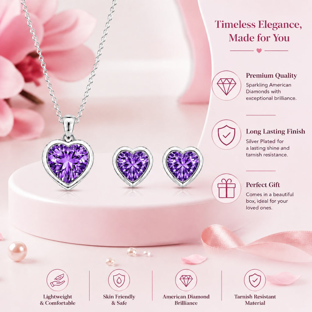 Silver Purple Heart Pendant With Earrings for Women