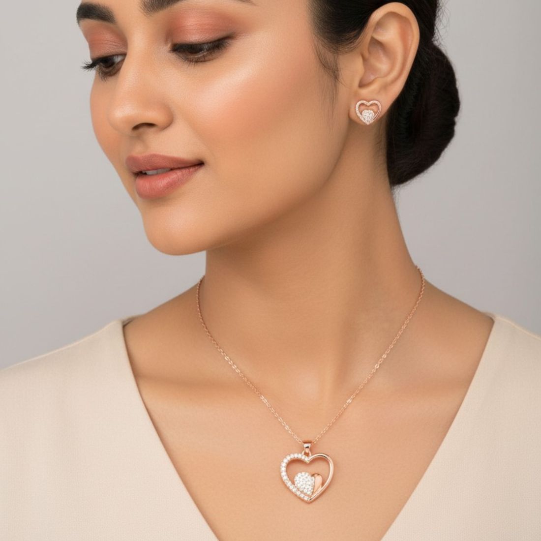 Rose Gold Heart Pendant Necklace With earrings