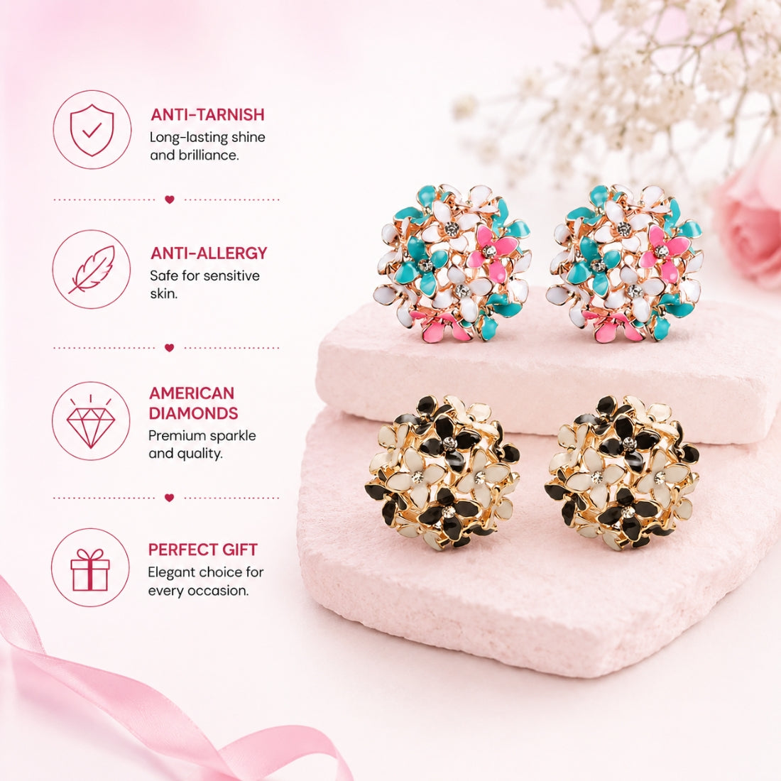 Multicolour Flower Clover Stud Earrings Set