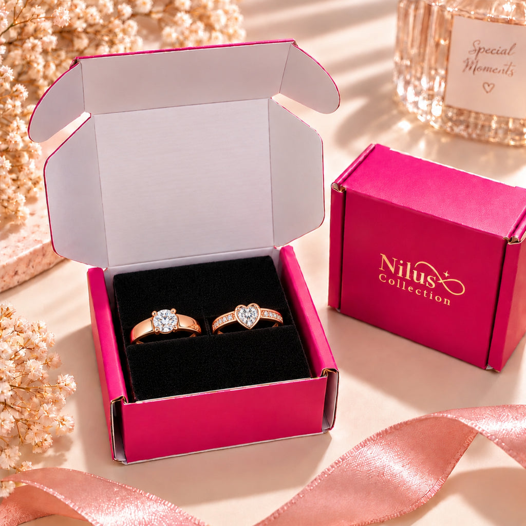 Rose Gold Couple Rings Set for Men & Women | Matching Heart & Solitaire