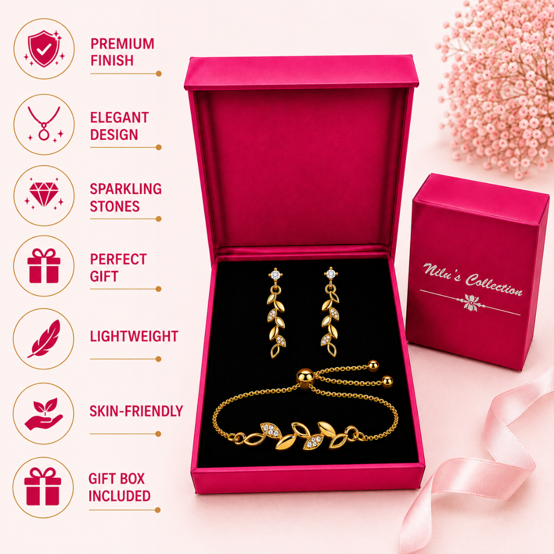 Gold Leaf Bracelet With Drop Earrings For Women