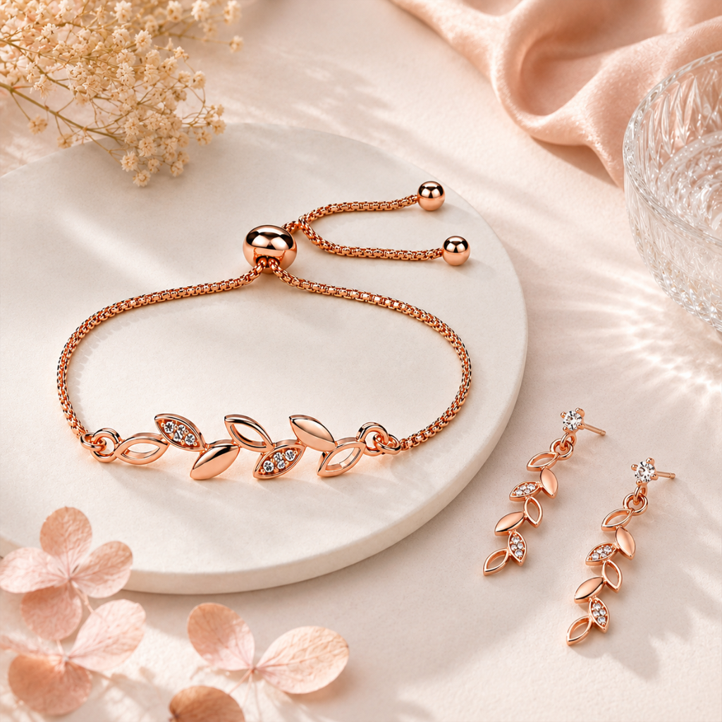 Rose Gold Leaf Bracelet With Drop Earrings For Women