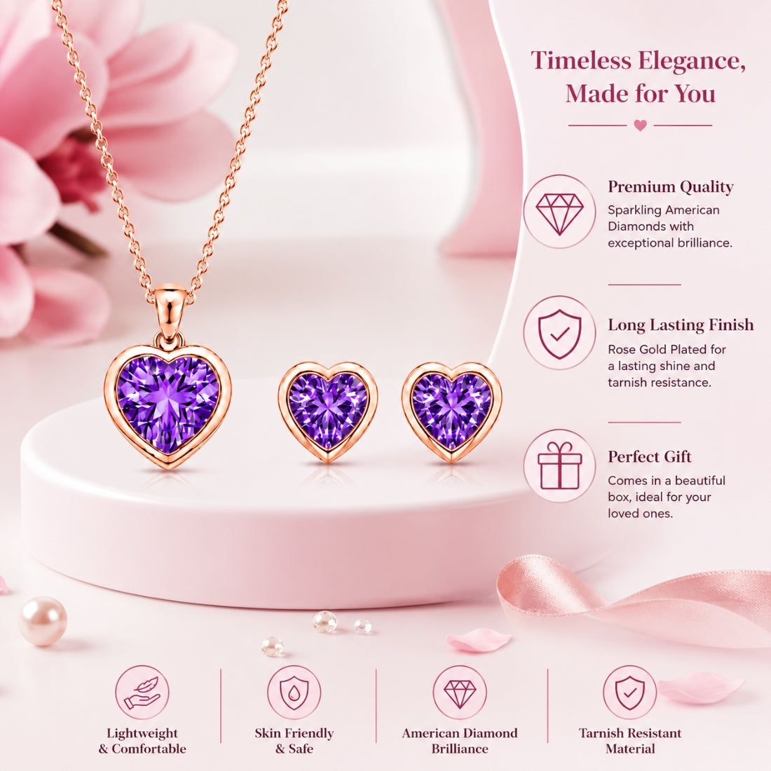 Rose Gold Heart Purple Jewellery Set For Women