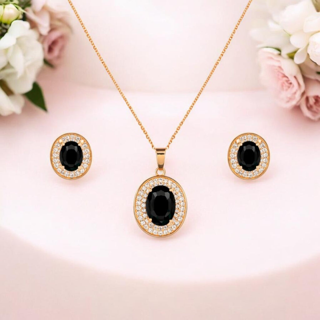 Nilu's Collection Rose Gold Plated Black Oval Stone Necklace With Stud Earrings for Women And Girls | Anti-Tarnish | Anti Allergy | Office Wear