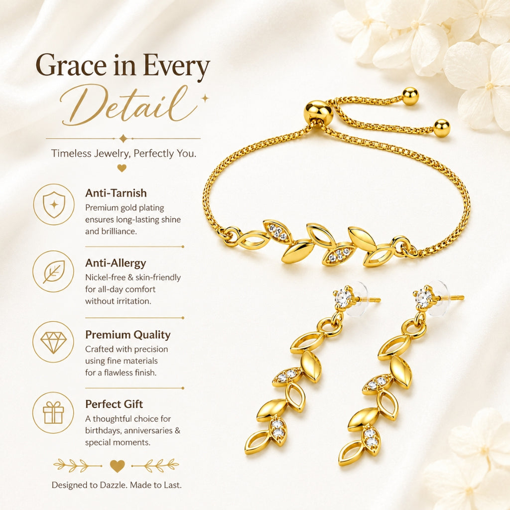 Gold Leaf Bracelet With Drop Earrings For Women
