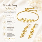 Gold Leaf Bracelet With Drop Earrings For Women