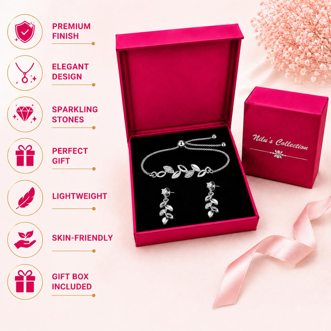 Silver Leaf Bracelet With Drop Earrings for Women