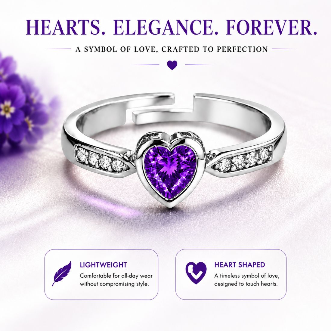 Silver Heart Purple Stone Finger Ring