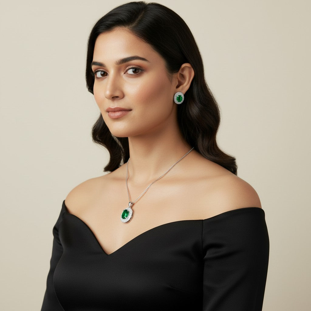 Silver Plated Green Stone Necklace Set