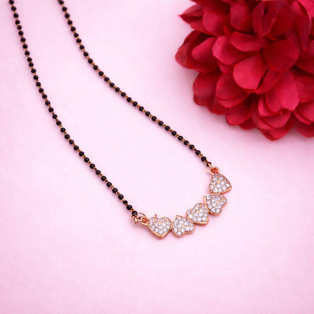 Nilu's Collection Rose Gold Plated Heart Mangalsutra With Black Bead Chain for Women