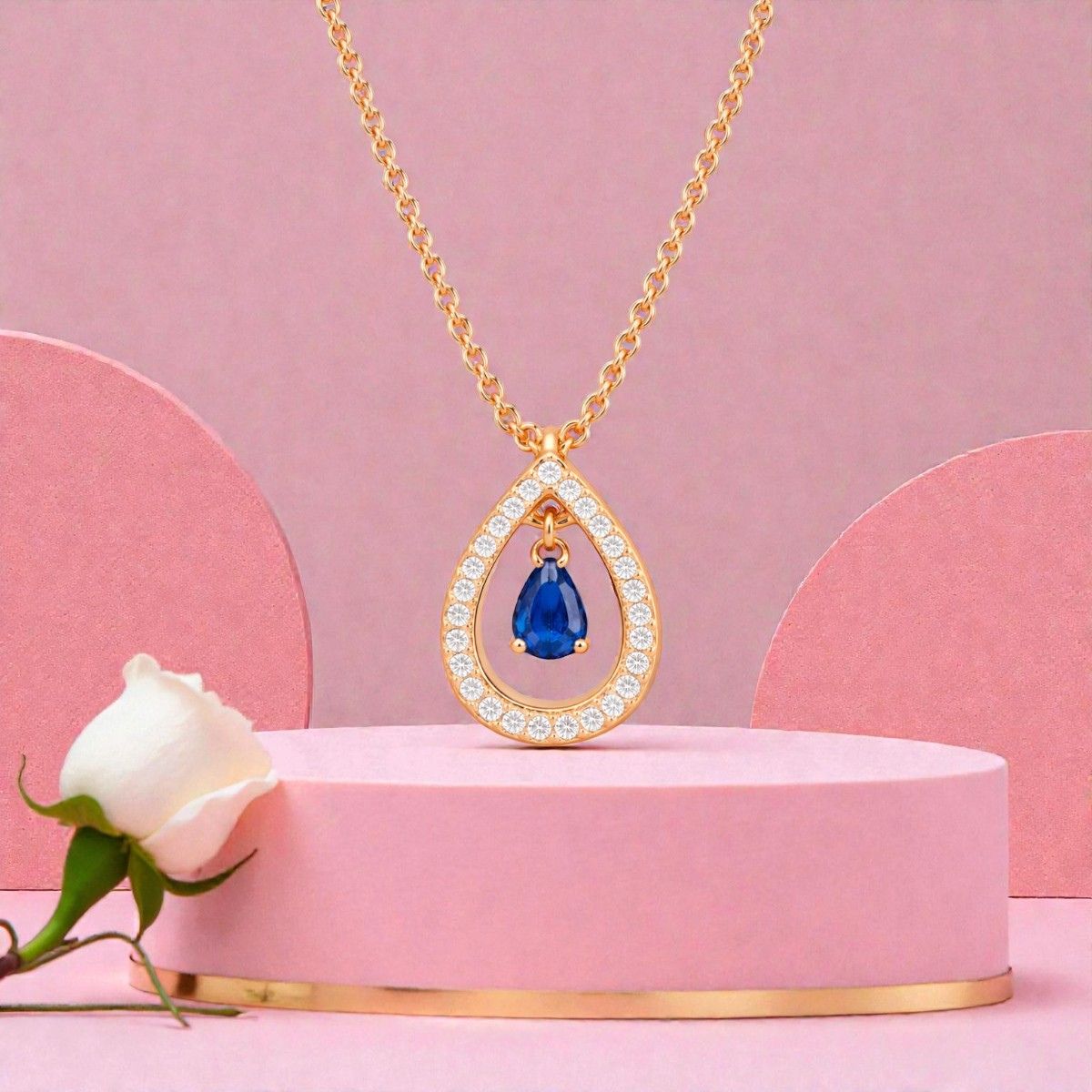 Nilu's Collection Rose Gold Plated Blue Stone Pendant Necklace with American Diamonds For Women And Girls | Anti-Tarnish |nAnti-Allergy|Office Wear| Gift For Her