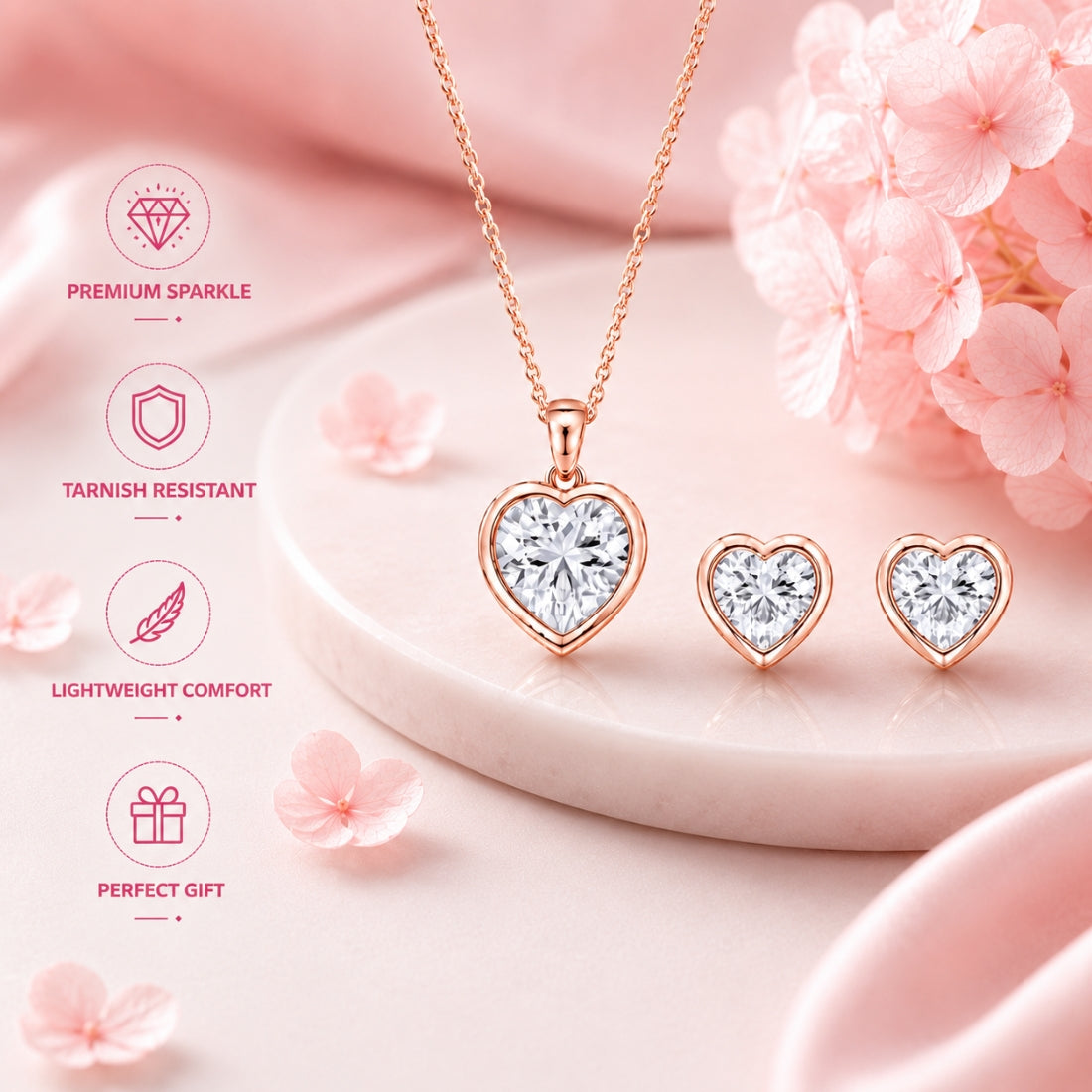 Rose Gold Heart Pendant With Earrings For Women