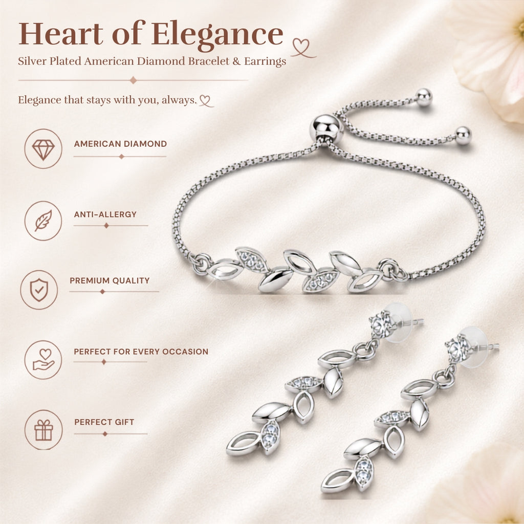 Silver Leaf Bracelet With Drop Earrings for Women