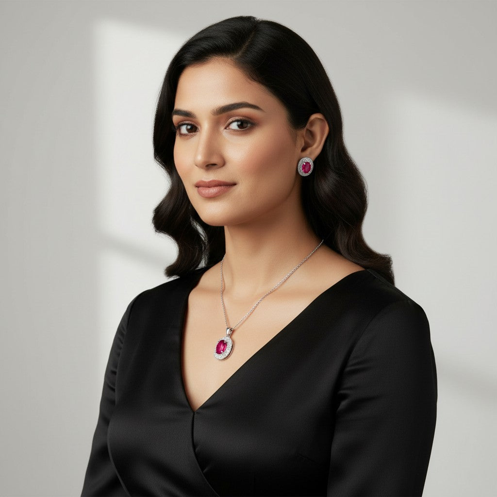 Silver Plated Pink Stone Necklace Set