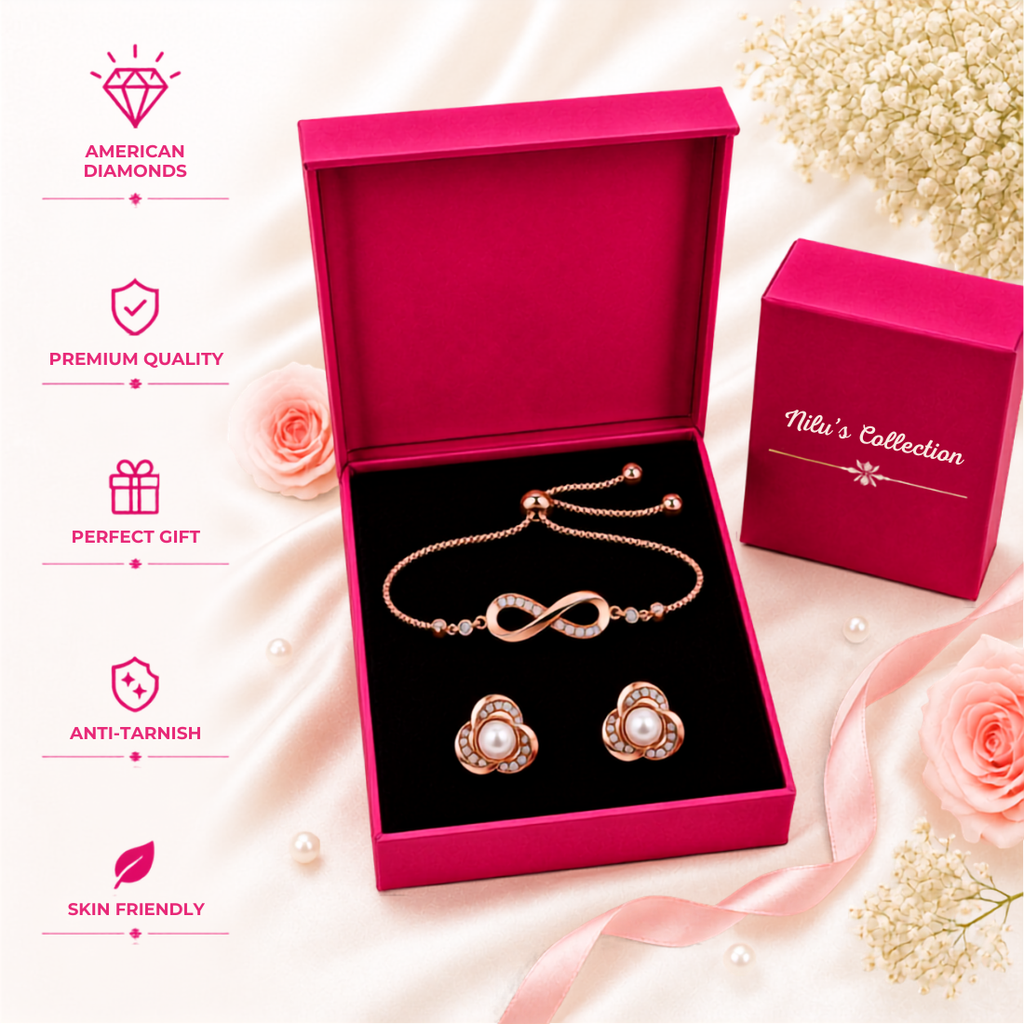Rose Gold Infinity Bracelet & Pearl Stud Earrings Gift Set For Women