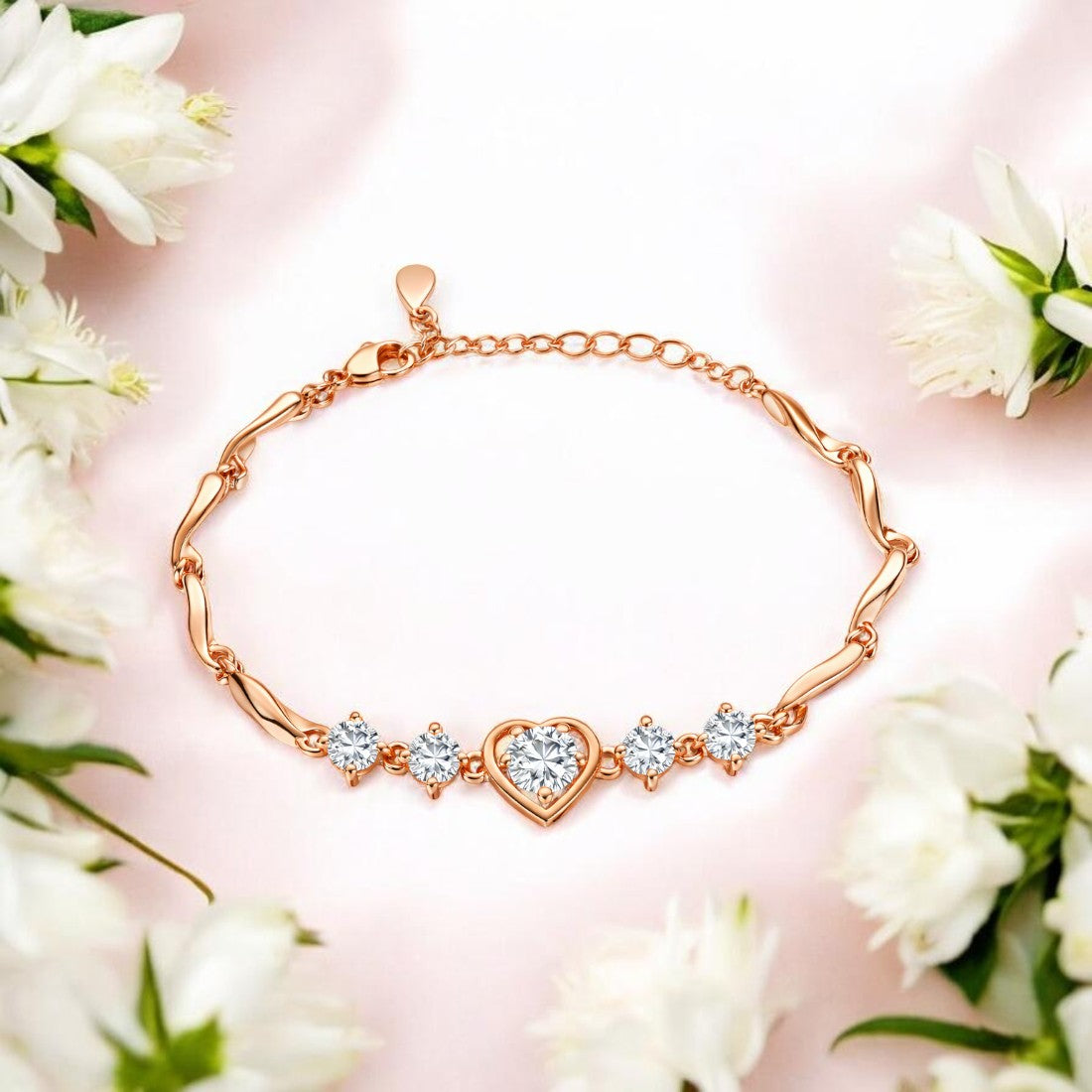 Rose Gold Plated Heart Design Bracelet with American Diamonds For Women And Girls | Anti-Tarnish | Anti-Allergy | Gift For Her
