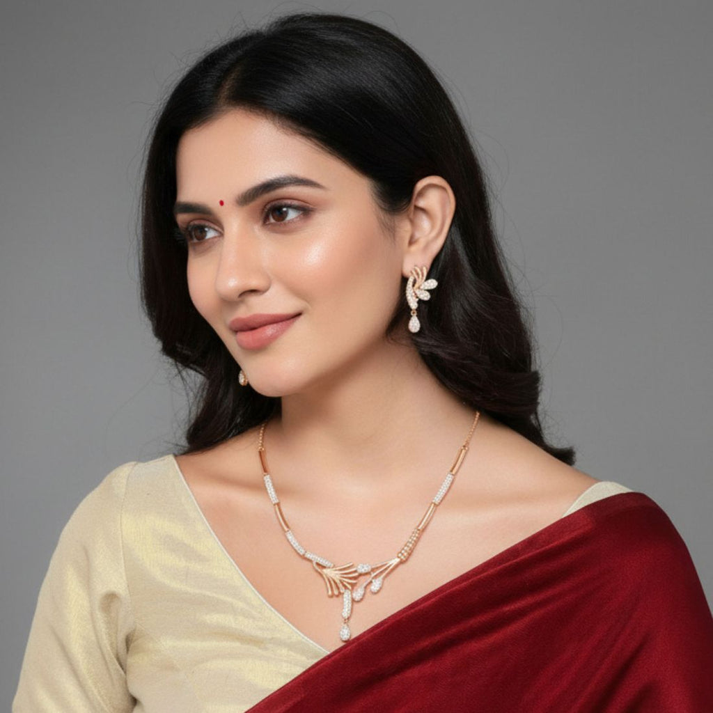 Nilu's Collection Rose Gold Plated American Diamond Floral Leaf Necklace Set with Matching Drop Earrings For Women And Girls