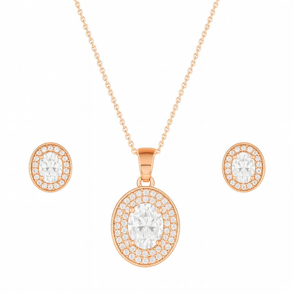 Nilu's Collection Rose Gold Plated Ruby Oval Pendant Necklace and Earring Set for Women and Girls | Anti-Tarnish | Anti-Allergy | Office Wear | Gifting