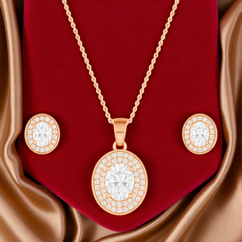 Nilu's Collection Rose Gold Plated Ruby Oval Pendant Necklace and Earring Set for Women and Girls | Anti-Tarnish | Anti-Allergy | Office Wear | Gifting