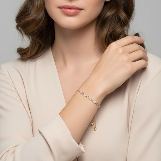 Rose Gold Plated American Diamond Adjustable Bracelet Oval Design Slider Chain for Women And Girls
