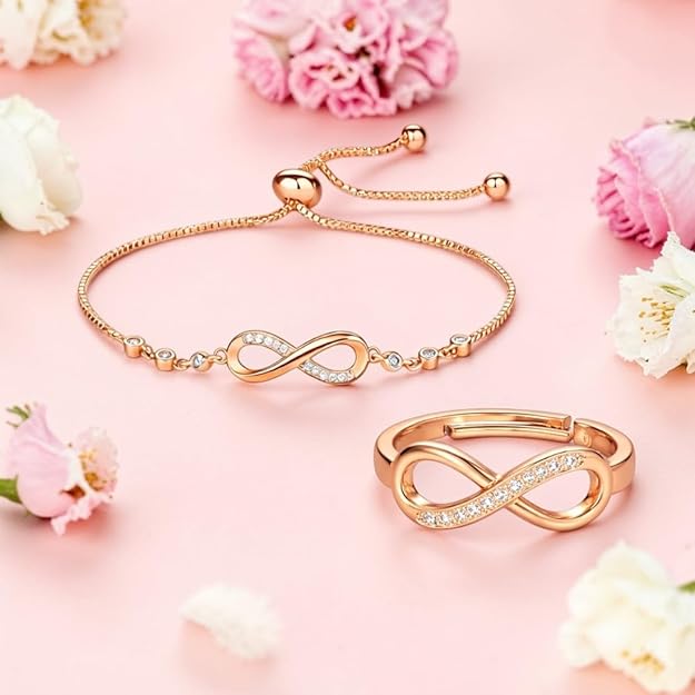 Rose Gold Infinity Bracelet & Ring Set