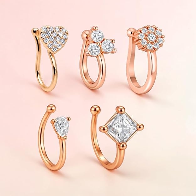 Rose Gold American Diamond Non Piercing Nose Pin for Women