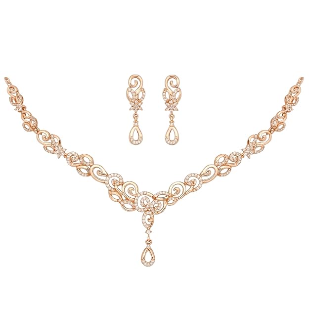 Nilu's Collection Rose Gold Plated Necklace set With American Diamond For Women And Girls | Office Wear | Anti-Tarnish | Gift For Her
