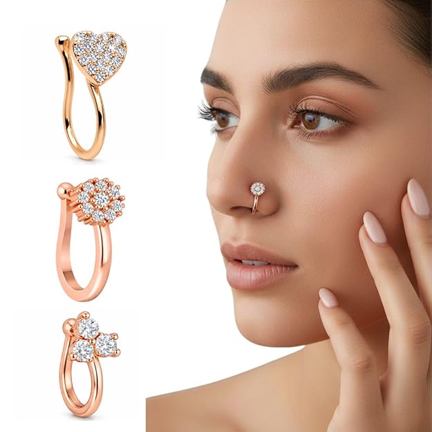 Rose Gold American Diamond Non Piercing Nose Pin Set