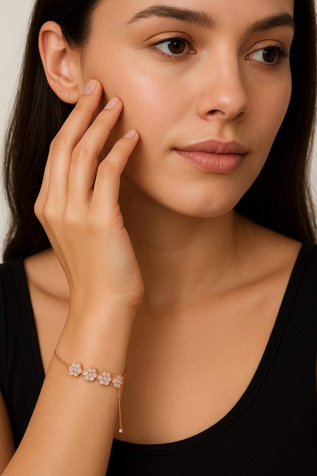 Rose Gold Plated American Diamond Adjustable Bracelet, Stylish Fashion Jewellery Gift for Girls & Women