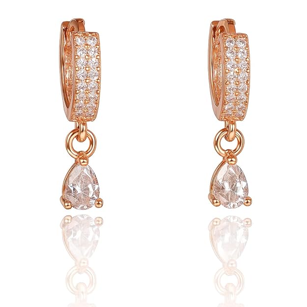18k Rose Gold Plated Clip On Hoop Earrings, Latest Fancy Stylish Zircon Copper Bali Earrings for Women and Girls (Drop)