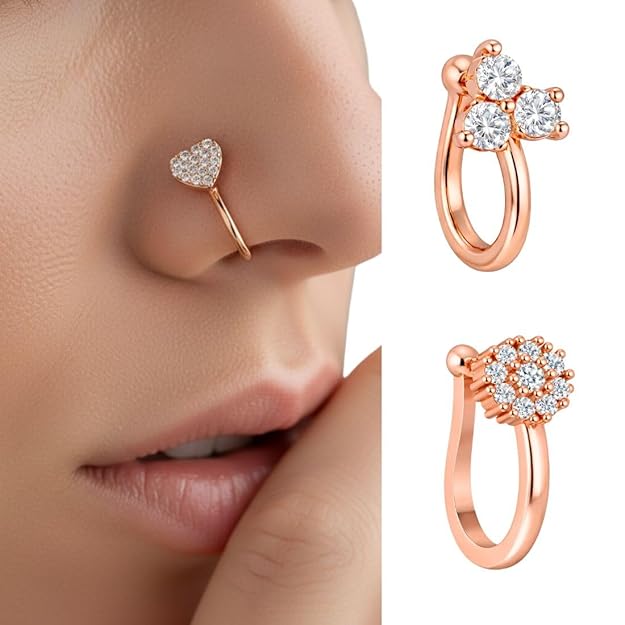 Rose Gold American Diamond Non Piercing Nose Pin for Women