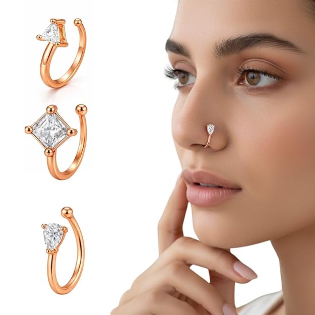 Rose Gold American Diamond Non Piercing Nose Pin Set for Women