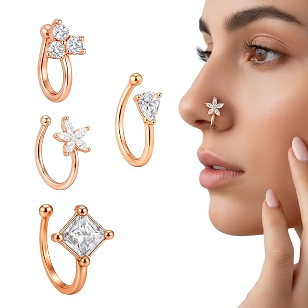 Rose Gold American Diamond Non Piercing Nose Pin Set for Women