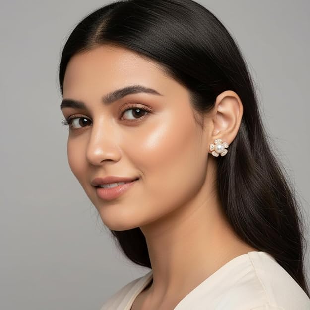 Pearl Pop Stud Earrings |Rose Gold Plated Floral Design With AD Stone for Women And Girls