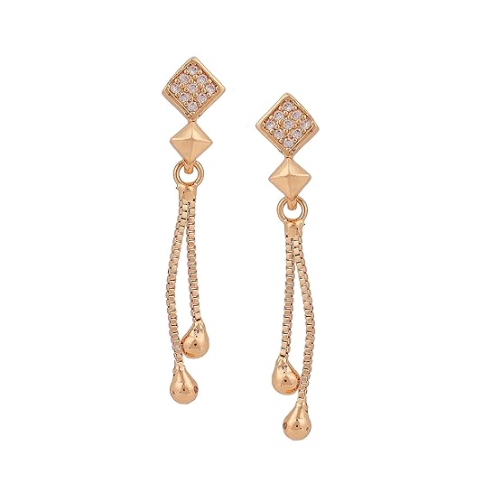 Rose Gold Long Earrings, American Diamond Studded Lightweight Drop Earrings for Women and Girls (Diamond Shape)