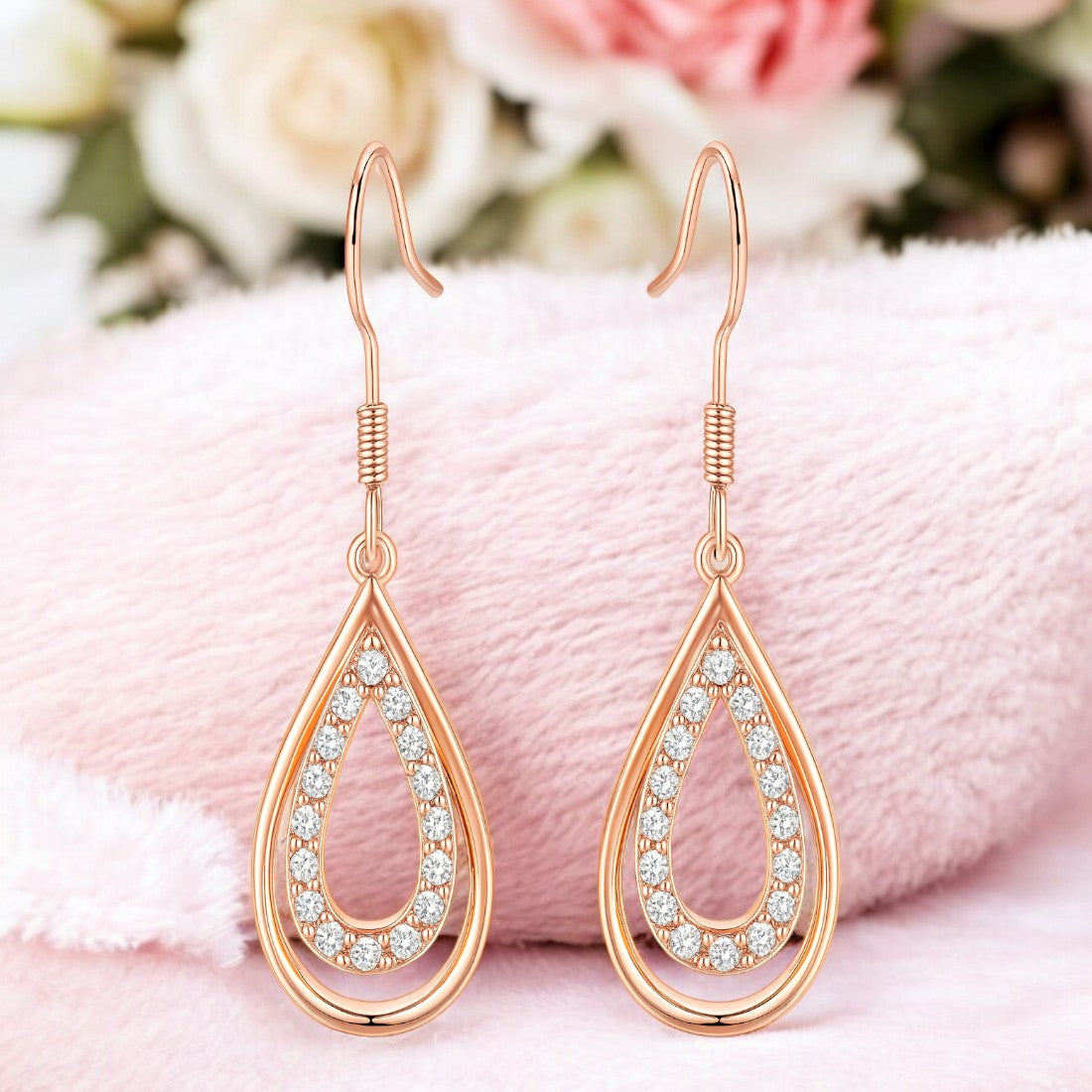 Nilu's Collection Rose Gold Drop Earrings With American Diamond For Women And Girls