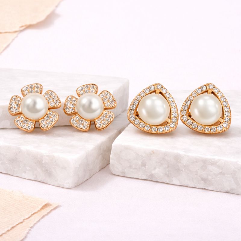 Pearl Pop Rose Gold Plated Pearl Stud Earrings| Value Set with AD Stone for Women And Girls