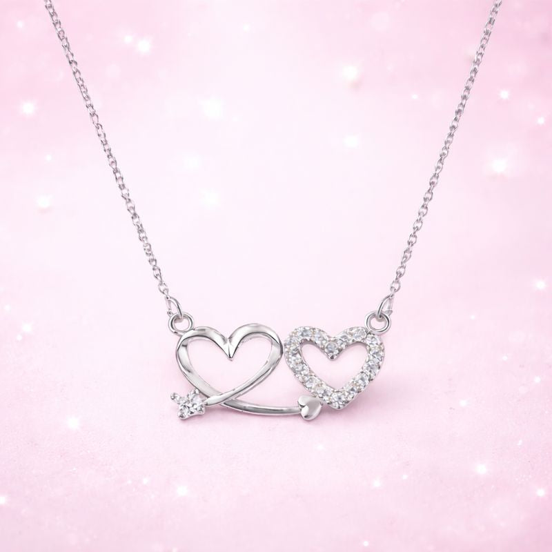 Silver Plated Double Heart Pendant Necklace for Women And Girls