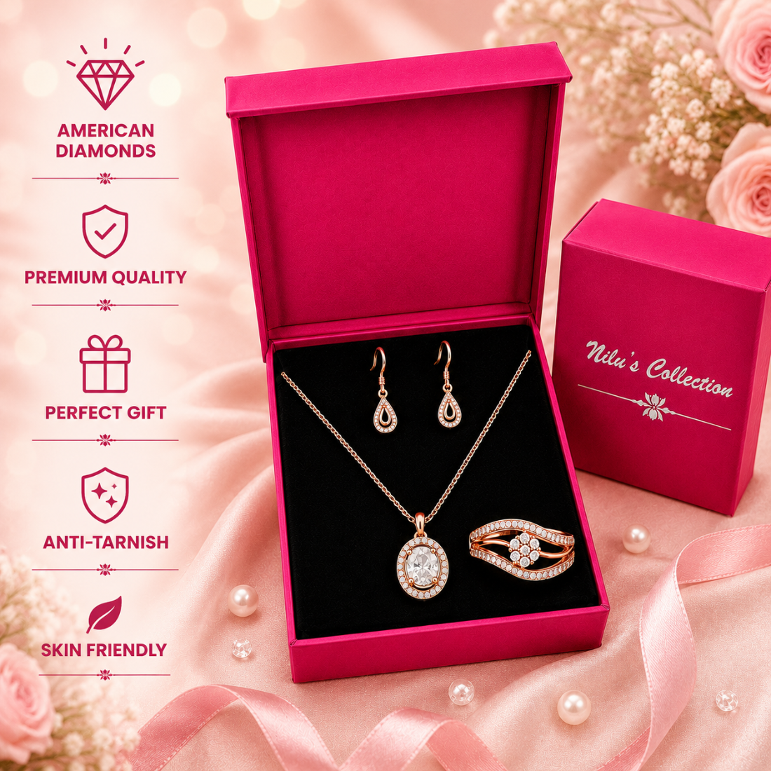 Rose Gold Pendant, Ring & Earrings Gift Set for Women