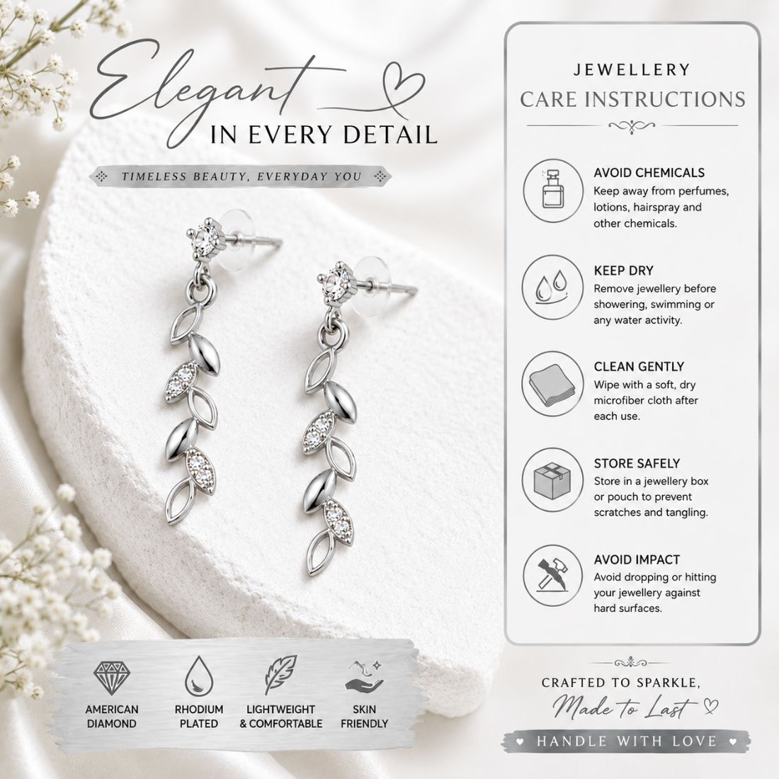 Rhodium Plated Leaf Drop Earrings for Women