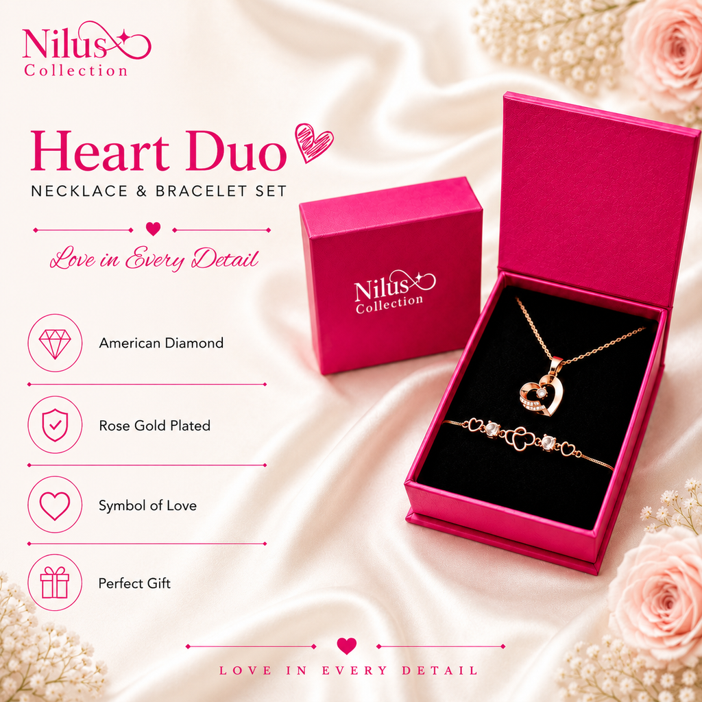 Rose Gold Heart Necklace & Bracelet Gift Set for Women