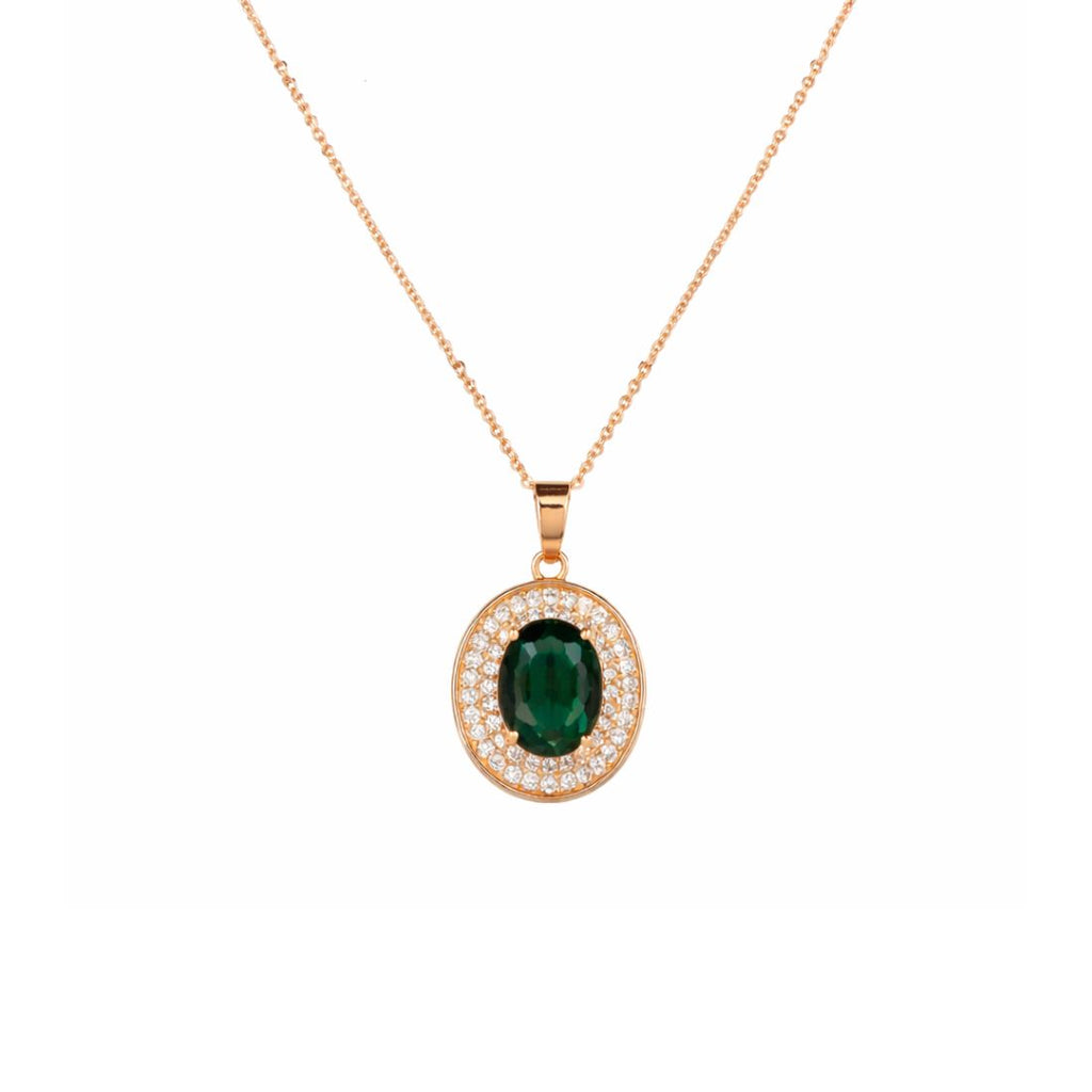 Nilu's Collection Rose Gold Plated Green Oval Necklace With Stud Earrings for Women And Girls | Anti-Tarnish | Anti-Allergy| Office Wear