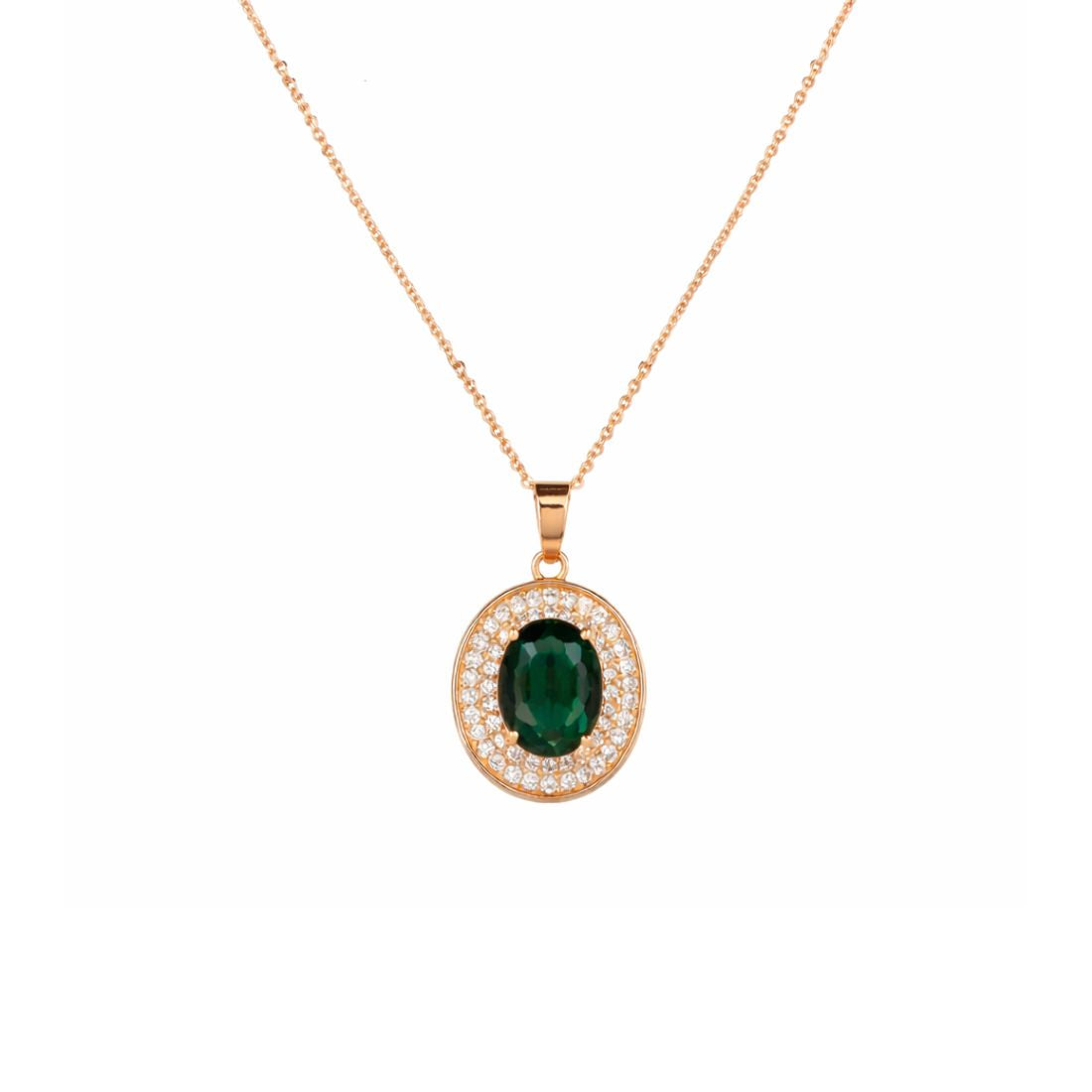 Nilu's Collection Rose Gold Plated Green Oval Necklace With Stud Earrings for Women And Girls | Anti-Tarnish | Anti-Allergy| Office Wear