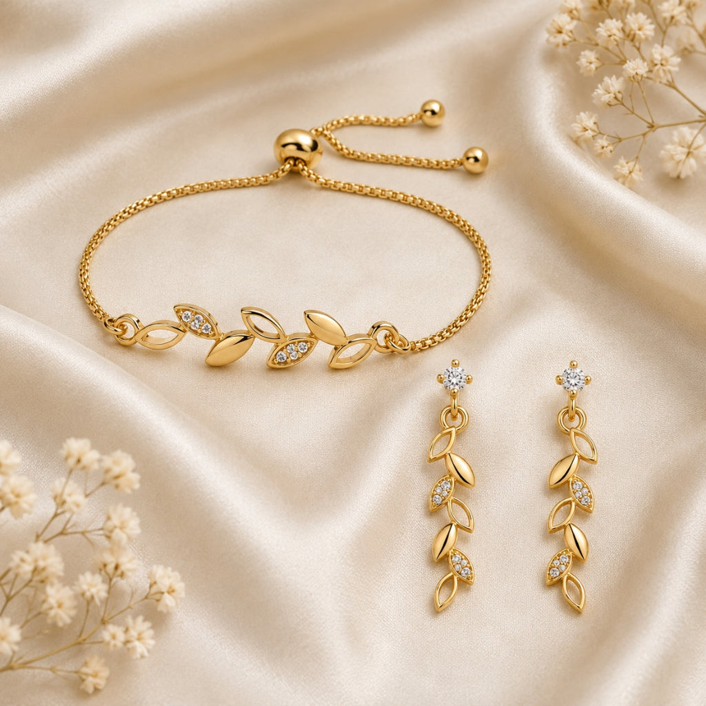 Gold Leaf Bracelet With Drop Earrings For Women