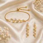 Gold Leaf Bracelet With Drop Earrings For Women
