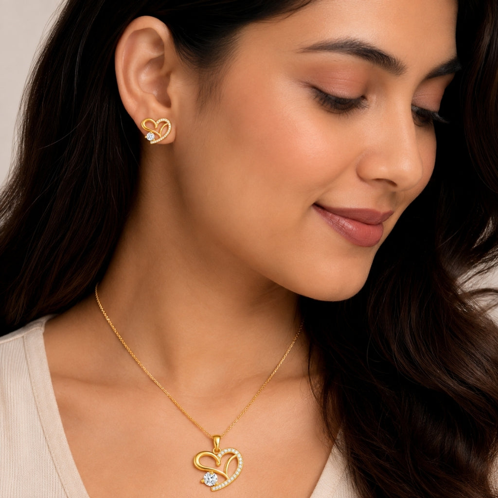 Gold Plated Heart Necklace With Earrings for Women