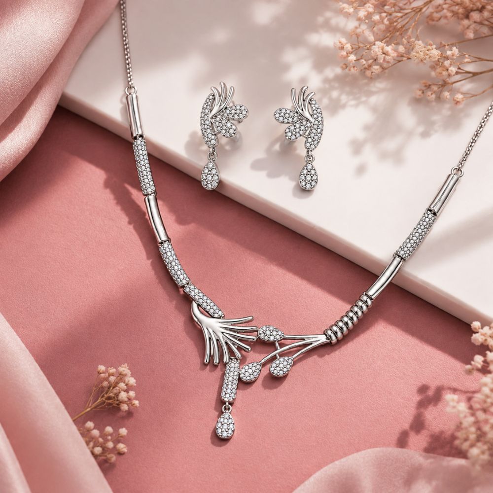 Silver Plated Floral Necklace With Earrings For Women