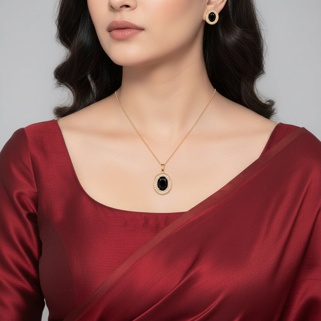 Nilu's Collection Rose Gold Plated Black Oval Stone Necklace With Stud Earrings for Women And Girls | Anti-Tarnish | Anti Allergy | Office Wear