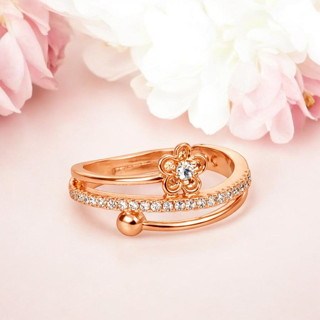 Rose Gold Plated | American Diamond Studded | Adjustable | Finger Ring for Women and Girls, Style 6